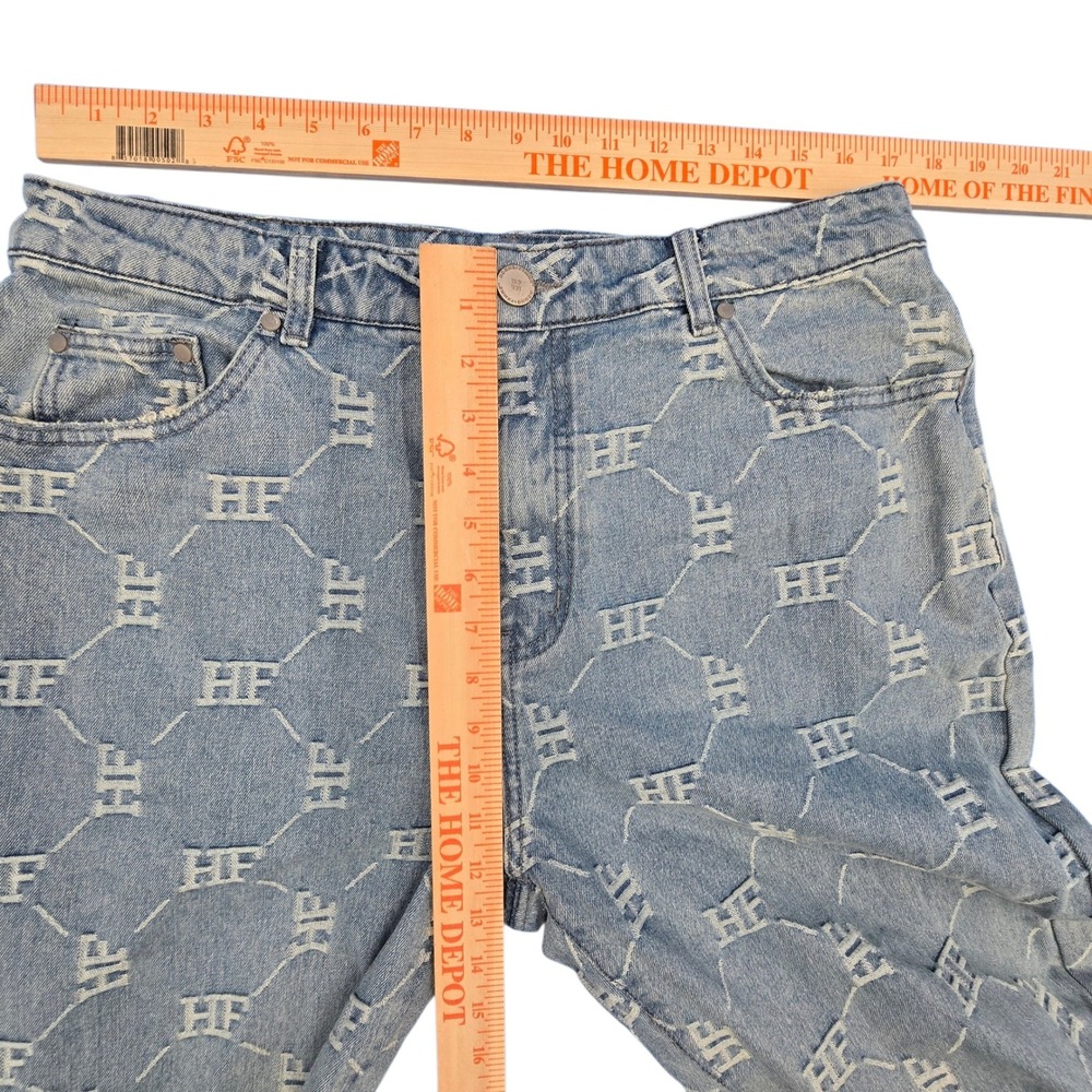 Homme Femme Monogram Denim Jeans Light Wash Blue HF Logo Streetwear Mens‎ 36 - Picture 4 of 7